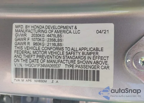 2021 Honda Accord Sport z USA, uszkodzony, nr VIN 1HGCV1F34MA065537